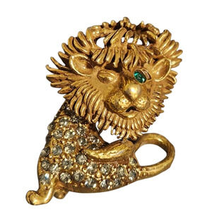 Rare Vtg 1960s Unsigned Boucher Rhinestone Winking Lion Pin Brooch